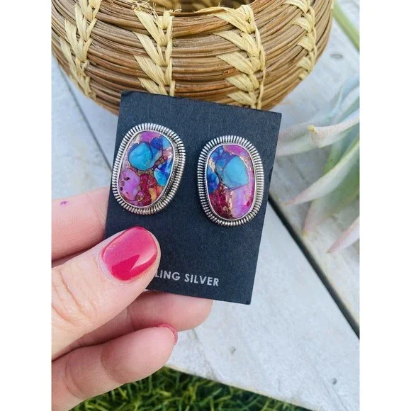 Navajo Pink Dream Mohave & Sterling Silver Post Earrings By Wydell Billie - Picture 5 of 7